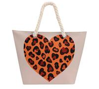 NTVOWPZO Heart Leopard Beach Bag with Hemp Rope Handles Waterproof 600D Oxford Tote Zipper Carryall for Travel Shopping Swim Pool Gym Picnic & Daily Use