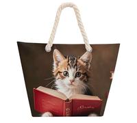 NTVOWPZO Kitten Reading A Book Beach Bag with Hemp Rope Handles Waterproof 600D Oxford Tote Zipper Carryall for Travel Shopping Swim Pool Gym Picnic & Daily Use