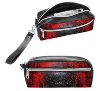 NTVOWPZO Leather Pencil Cases Black And Red Skull Pen Pouch Travel Cosmetic Bag for Purse Portable Makeup Brush Bag Holder Coin Purse for Women Makeup Case Organizer