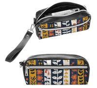 NTVOWPZO Leather Pencil Cases Folk Art Patterns Pen Pouch Travel Cosmetic Bag for Purse Portable Makeup Brush Bag Holder Coin Purse for Women Makeup Case Organizer