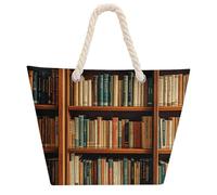 NTVOWPZO Library Bookshelf Book Beach Bag with Hemp Rope Handles Waterproof 600D Oxford Tote Zipper Carryall for Travel Shopping Swim Pool Gym Picnic & Daily Use