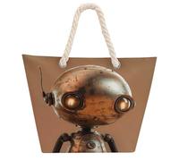 NTVOWPZO Little Brown Robot Beach Bag with Hemp Rope Handles Waterproof 600D Oxford Tote Zipper Carryall for Travel Shopping Swim Pool Gym Picnic & Daily Use