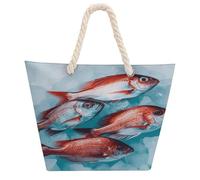 NTVOWPZO Little Red Fish Beach Bag with Hemp Rope Handles Waterproof 600D Oxford Tote Zipper Carryall for Travel Shopping Swim Pool Gym Picnic & Daily Use