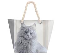 NTVOWPZO Long Haired Cat Beach Bag with Hemp Rope Handles Waterproof 600D Oxford Tote Zipper Carryall for Travel Shopping Swim Pool Gym Picnic & Daily Use