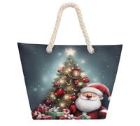 NTVOWPZO Merry Christmas Beach Bag with Hemp Rope Handles Waterproof 600D Oxford Tote Zipper Carryall for Travel Shopping Swim Pool Gym Picnic & Daily Use