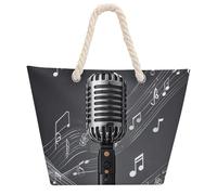 NTVOWPZO Microphone With Music Notes Beach Bag with Hemp Rope Handles Waterproof 600D Oxford Tote Zipper Carryall for Travel Shopping Swim Pool Gym Picnic & Daily Use