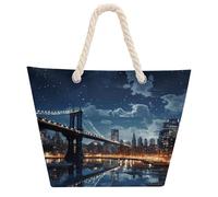 NTVOWPZO Moon Light New York City Beach Bag with Hemp Rope Handles Waterproof 600D Oxford Tote Zipper Carryall for Travel Shopping Swim Pool Gym Picnic & Daily Use