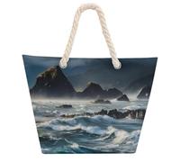 NTVOWPZO Mountains Meet The Sea Beach Bag with Hemp Rope Handles Waterproof 600D Oxford Tote Zipper Carryall for Travel Shopping Swim Pool Gym Picnic & Daily Use