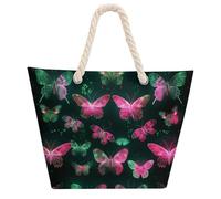 NTVOWPZO Neon Butterfly Beach Bag with Hemp Rope Handles Waterproof 600D Oxford Tote Zipper Carryall for Travel Shopping Swim Pool Gym Picnic & Daily Use