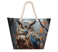 NTVOWPZO Owl Print Beach Bag with Hemp Rope Handles Waterproof 600D Oxford Tote Zipper Carryall for Travel Shopping Swim Pool Gym Picnic & Daily Use