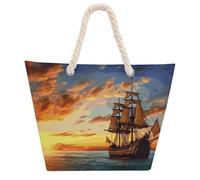 NTVOWPZO Pirate Ship Sunset Beach Bag with Hemp Rope Handles Waterproof 600D Oxford Tote Zipper Carryall for Travel Shopping Swim Pool Gym Picnic & Daily Use
