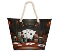 NTVOWPZO Poker Tournament Beach Bag with Hemp Rope Handles Waterproof 600D Oxford Tote Zipper Carryall for Travel Shopping Swim Pool Gym Picnic & Daily Use