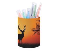 NTVOWPZO PU Leather Pen Holder for Desk Pen Organizer, Aesthetic Pencil Cup for Desktop Makeup Brush Srotage for Office Supplies, Nature Sunset Deer Pen Cup Pencil Caddy for Office Home Art Supply
