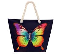 NTVOWPZO Rainbow Butterfly Beach Bag with Hemp Rope Handles Waterproof 600D Oxford Tote Zipper Carryall for Travel Shopping Swim Pool Gym Picnic & Daily Use