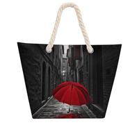 NTVOWPZO Red Umbrella on Dark Street Beach Bag with Hemp Rope Handles Waterproof 600D Oxford Tote Zipper Carryall for Travel Shopping Swim Pool Gym Picnic & Daily Use