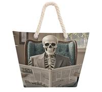 NTVOWPZO Skeleton Reading Beach Bag with Hemp Rope Handles Waterproof 600D Oxford Tote Zipper Carryall for Travel Shopping Swim Pool Gym Picnic & Daily Use