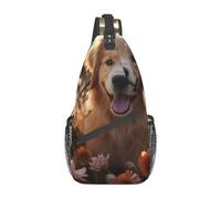 NTVOWPZO Sling Bag for Women Men Shoulder Bag Leather Rose Skull Chest Bag Travel Fanny Pack Lightweight Casual Daypack, Golden Retriever and Flowers, One Size, Sling Backpacks