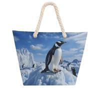 NTVOWPZO Snow Mountain Penguin Beach Bag with Hemp Rope Handles Waterproof 600D Oxford Tote Zipper Carryall for Travel Shopping Swim Pool Gym Picnic & Daily Use