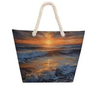 NTVOWPZO Sunset Seascape Beach Bag with Hemp Rope Handles Waterproof 600D Oxford Tote Zipper Carryall for Travel Shopping Swim Pool Gym Picnic & Daily Use