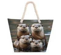 NTVOWPZO Three Brown Otters Beach Bag with Hemp Rope Handles Waterproof 600D Oxford Tote Zipper Carryall for Travel Shopping Swim Pool Gym Picnic & Daily Use