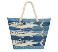 NTVOWPZO Three Fish Picture Beach Bag with Hemp Rope Handles Waterproof 600D Oxford Tote Zipper Carryall for Travel Shopping Swim Pool Gym Picnic & Daily Use