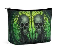 NTVOWPZO Travel Makeup Bags PU Leather Horrifying Green Skull Cosmetic Bag with Zipper Large Toiletry Bag for Women Waterproof Portable Makeup Case Organizer Cute Zipper Pouch Make Up Bags