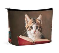 NTVOWPZO Travel Makeup Bags PU Leather Kitten Reading A Book Cosmetic Bag with Zipper Large Toiletry Bag for Women Waterproof Portable Makeup Case Organizer Cute Zipper Pouch Make Up Bags