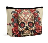 NTVOWPZO Travel Makeup Bags PU Leather Red Rose Sugar Skull Cosmetic Bag with Zipper Large Toiletry Bag for Women Waterproof Portable Makeup Case Organizer Cute Zipper Pouch Make Up Bags