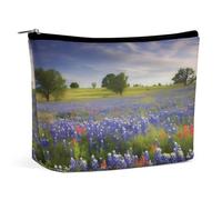 NTVOWPZO Travel Makeup Bags PU Leather Texas Bluebonnets Scenery Cosmetic Bag with Zipper Large Toiletry Bag for Women Waterproof Portable Makeup Case Organizer Cute Zipper Pouch Make Up Bags