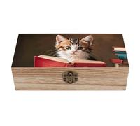 NTVOWPZO Wedding Kitten Reading A Book Keepsake Box, Wooden Boxes with Hinged Lid for Storage, Small Memory Box for Keepsakes, Decorative Wood Memory Boxes for Crafts Jewelry Photo