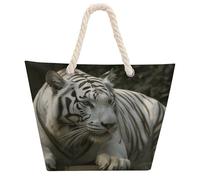 NTVOWPZO White Bengal Tiger Beach Bag with Hemp Rope Handles Waterproof 600D Oxford Tote Zipper Carryall for Travel Shopping Swim Pool Gym Picnic & Daily Use