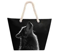 NTVOWPZO Wolf Facing The Moon Beach Bag with Hemp Rope Handles Waterproof 600D Oxford Tote Zipper Carryall for Travel Shopping Swim Pool Gym Picnic & Daily Use