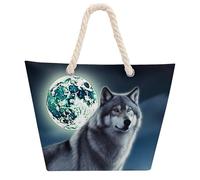NTVOWPZO Wolf Under Moon Beach Bag with Hemp Rope Handles Waterproof 600D Oxford Tote Zipper Carryall for Travel Shopping Swim Pool Gym Picnic & Daily Use