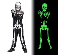 Ntwdby Skeleton Costume Children, Skeleton Outfit Glow in the Dark for Children, Halloween Skeleton Costume Kin-der, Ske-lett Hood Gloves, for Halloween, Carnival, Cosplay, Boys and Girls (L)