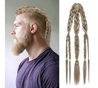 NTYNTY Viking Hair Extensions for Men - 24" Handcrafted Clip In Braided Ponytail Hairpiece for Halloween Viking Costume Renaissance Warrior Accessories - Ash Brown with Blonde Mixed