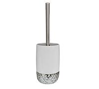 nu steel Bali Round Shape Toilet Brush Holder for Bathroom Whiter Color Finish Comes with a Complete Plastic Liner Inside to Prevent Dripping, Resin, White/Chrome