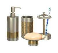nu steel Selma Steel Bath Accessory Set for Vanity Countertops, 4 Piece Luxury Ensemble Includes soap Dish, Toothbrush Holder, Tumbler, soap and Lotion Pump, Pewter & Gold Finish