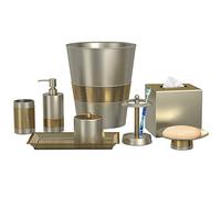 nu steel Selma Steel Bath Set for Vanity Countertop, 8 Piece Luxury Ensemble - Cotton Swab, soap Dish, Toothbrush Holder, Tumbler, soap Pump, Waste Basket, Tissue Box, Tray - Pewter & Gold Finish