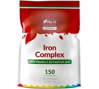 Nu U Nutrition - Iron Tablets - 150 Vegan Tablets - Complex with Vitamin C, B12 as Methylcobalamin & Folic Acid - Easy to Swallow & No Metallic Taste - Supplements for Women & Men - Made in The UK