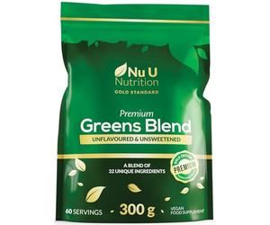 Nu U Nutrition - Premium Greens Powder 300g - 32 Active Ingredients - 60 Servings - Ashwagandha KSM-66®, Matcha, Digestive Enzymes, Probiotics & Electrolytes - Unflavoured, Unsweetened, Vegan