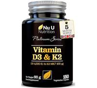 Nu U Nutrition - Vitamin D3 4000 IU and Vitamin K2 MK7 100μg - 150 Vegetarian Capsules - 5 Month Supply - High Strength Vitamin D K2 Supplement - Made in The UK