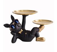 NUACOS France Bulldog Statue,Resin sculpture Tray Storage Key Holder Candy Jewelry Earrings Tray Suitable, for Home Decor Modern Art Dining Table Decor Butler Statue With 2 Metal Trays（Black）