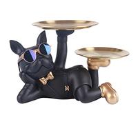 NUACOS French Bulldog Decor Resin Dog Sculptures, Butler Statue With 2 Metal Trays, Storage Tray Key Snack Holder Statue Home Desktop Ornament, Puppy Statues Gift Present for Dog Lovers（Black）