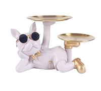 NUACOS French Bulldog Decor Resin Dog Sculptures, Butler Statue With 2 Metal Trays, Storage Tray Key Snack Holder Statue Home Desktop Ornament, Puppy Statues Gift Present for Dog Lovers（Grey）