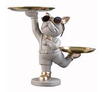 NUACOS French Bulldog Figurine Resin Sculptures Tray Key Holder Candy Jewelry Earrings Tray Suitable for Home Decor Dining Table Decor Home Decor Butler Statue With 2 Metal Trays（Grey）