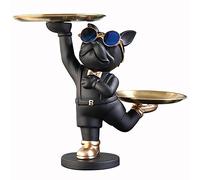 NUACOS French Bulldog Figurine Resin Sculptures Tray Key Holder Candy Jewelry Earrings Tray Suitable for Home Decor Dining Table Decor Home Decor Butler Statue With 2 Metal Trays（Black）