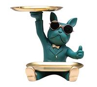 NUACOS French Bulldog Statue Resin Dog Sculpture, Butler Statue With 2 Metal Trays, Key Bowl For Entryway Table, Desk Candy Bowl, Jewelry Earring Tray, Table Decoration Home Decor (Green)