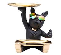 NUACOS French Bulldog Statue Resin Dog Sculpture, Butler Statue With 2 Metal Trays, Key Bowl For Entryway Table, Desk Candy Bowl, Jewelry Earring Tray, Table Decoration Home Decor （Black）