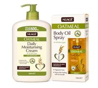 Nuagé Oatmeal Daily Moisturising Cream 600ml & Body Oil Spray 100ml | Fragrance Free, All Skin Types, Dermatologically Tested, Oatmeal Extracts, Replenishes Skin Barrier