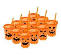 Nuanchu 12 Pcs Halloween Plastic Pumpkin Cups Bulk Pumpkin Tumbler with Lids and Straws 10 oz Reusable Jack O Lantern Cups for Halloween Party Gift Supplies